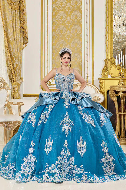 Front view of dusty teal quinceañera ball gown with embellished spaghetti-strap corset bodice, structured overskirt panels, ornate lace embroidery, and glitter tulle skirt.