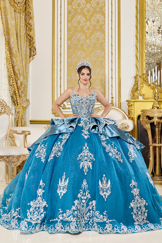 Front view of dusty teal quinceañera ball gown with embellished spaghetti-strap corset bodice, structured overskirt panels, ornate lace embroidery, and glitter tulle skirt.