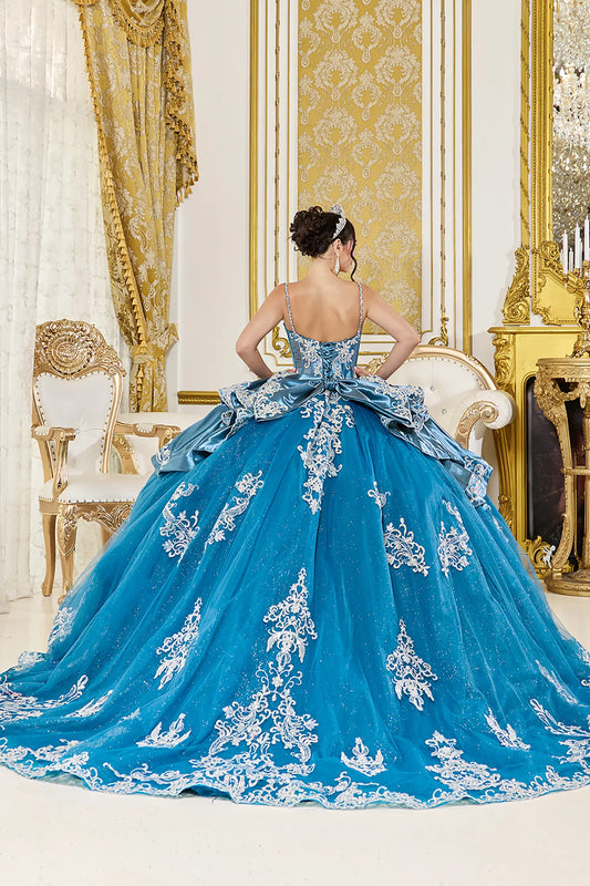 Back view of dusty teal quinceañera ball gown featuring lace-up corset back, dramatic bow detail, layered overskirt accents, and full embroidered glitter tulle skirt.