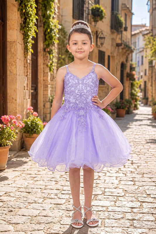 Featuring with beaded floral bodice appliques, this Lavendar kids party dress displays elegant detail.