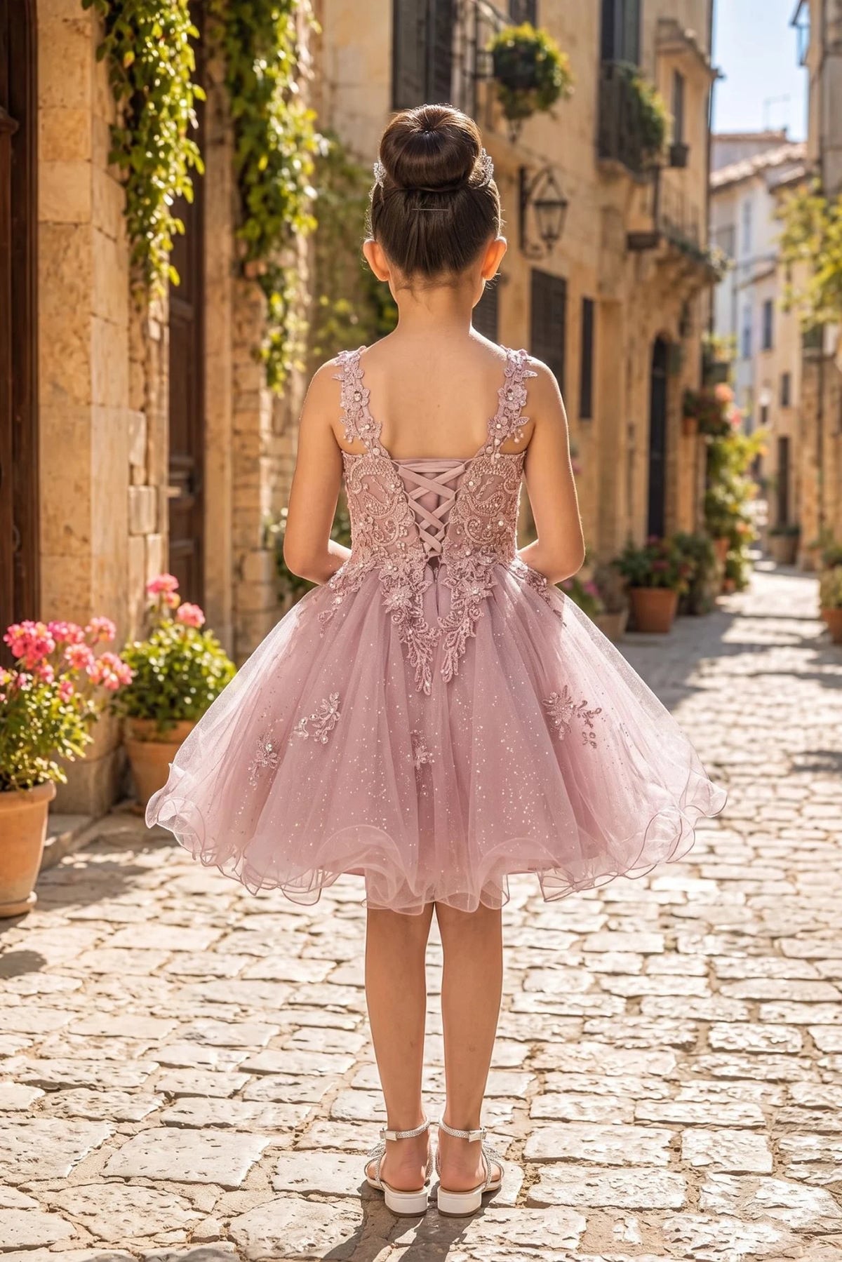 Finished details of back lacing and delicate straps distinguish the Mauve kids party dress.