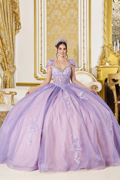 Front view of lilac quinceañera ball gown with sheer embellished corset bodice, cap sleeves, crystal detailing, and full glitter tulle skirt with floral lace appliqués.