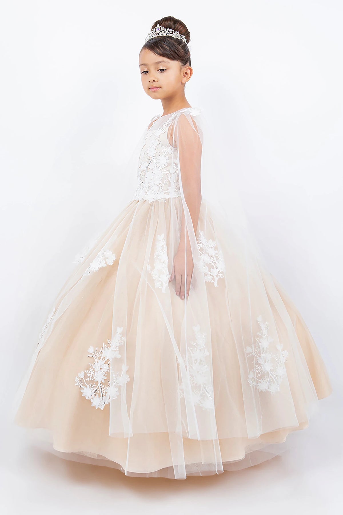 Front view of Champagne Illusion Tulle flower girl dress with 3D Flowers and Sheer See-Through Sleeves Dress. Also suitable as a mini quince dress.