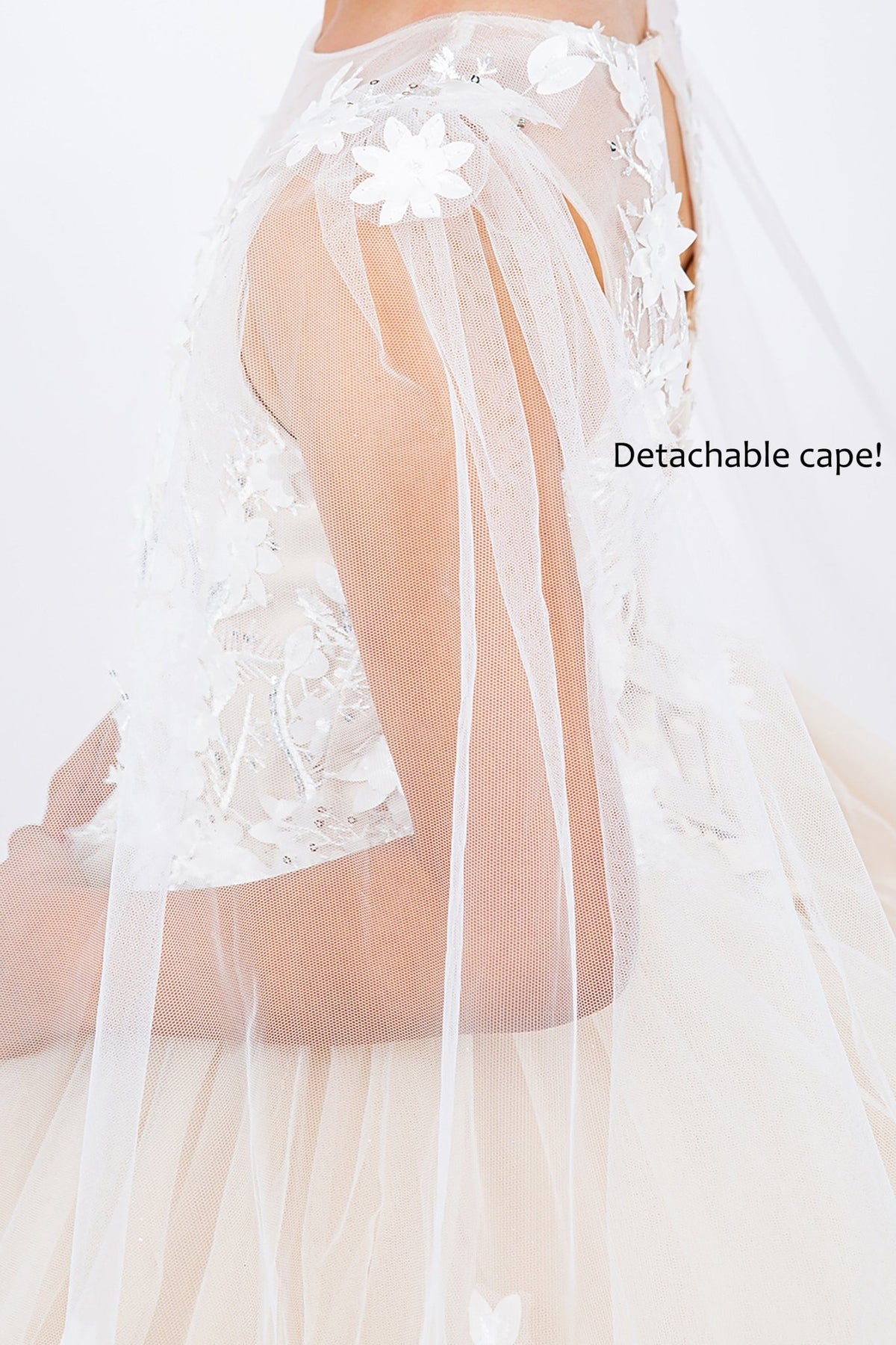 Champagne Illusion Tulle flower girl dress with 3D Flowers and Sheer See-Through Sleeves. Also suitable as a mini quince dress.