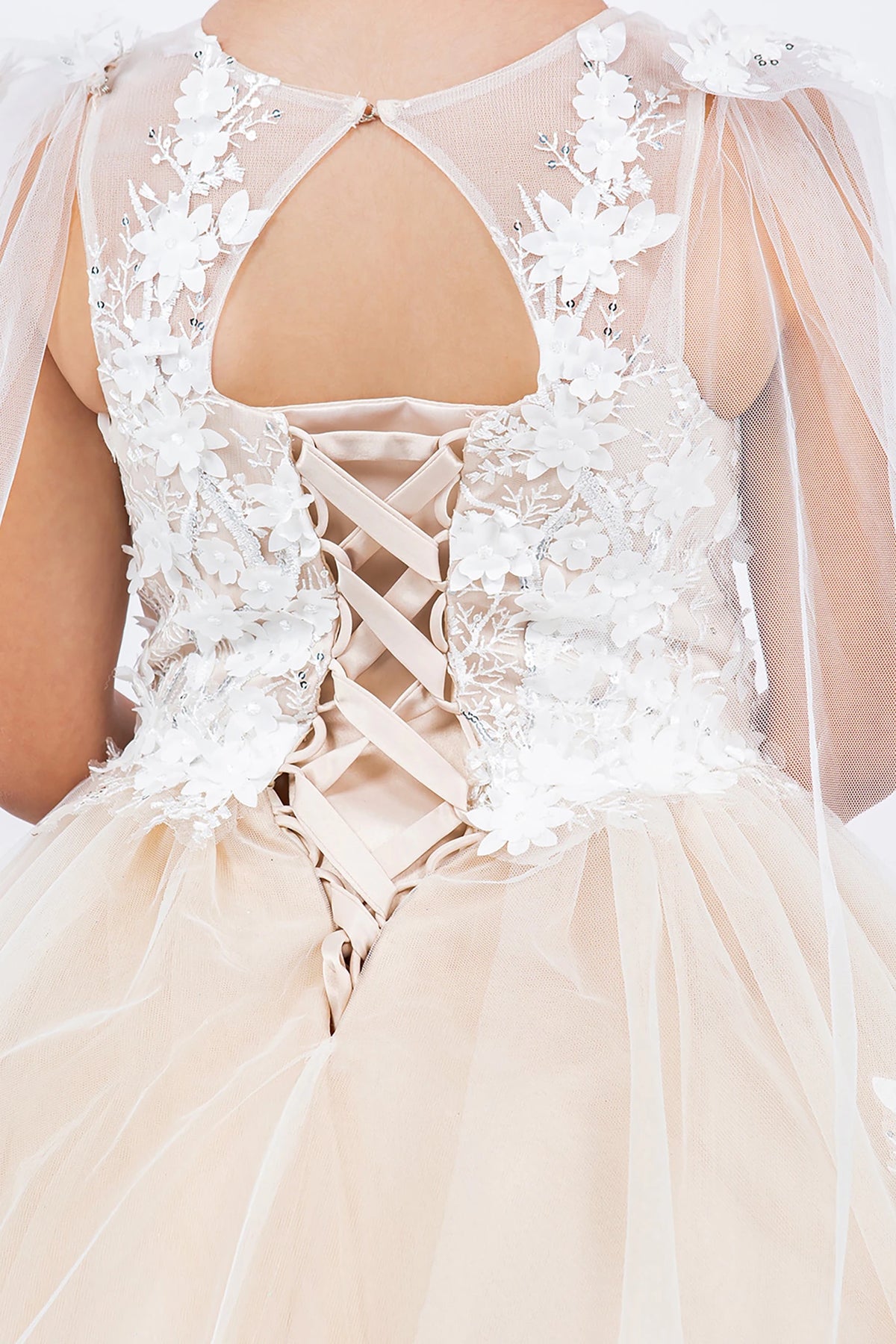 Front view of Champagne Illusion Tulle flower girl dress with 3D Flowers and Sheer See-Through Sleeves Dress. Also suitable as a mini quince dress.