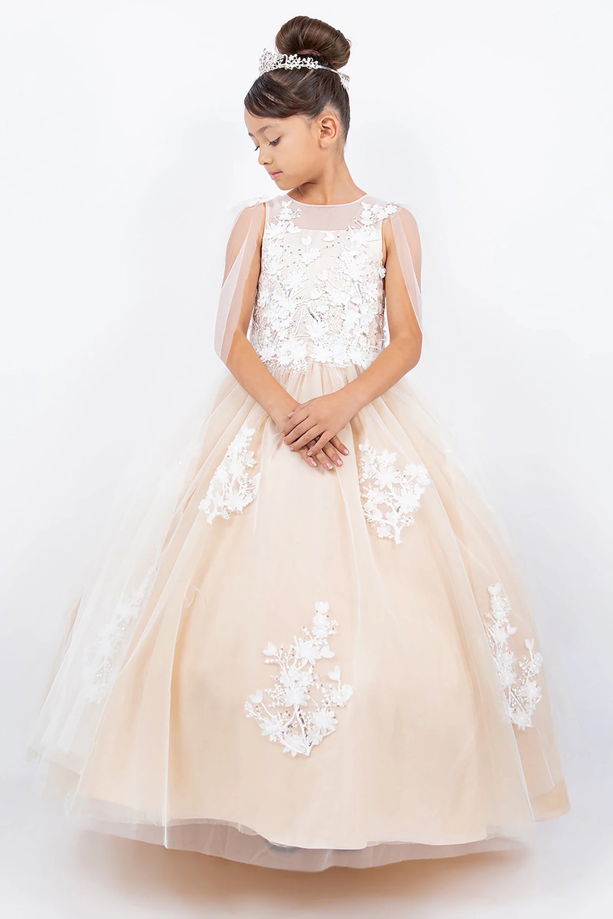 A champagne and white floral flower girl dress. Also suitable as a mini quince dress.