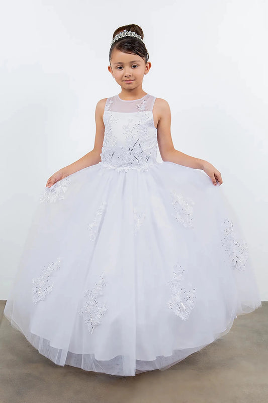 Front view of white illusion tulle flower girl dress with 3D floral appliqué bodice, sheer see-through sleeves, and layered tulle skirt.
