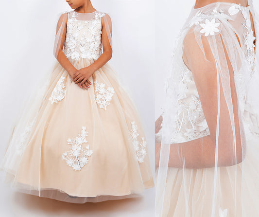 Champagne Illusion Tulle Dress with 3D Flowers and Sheer See-Through Sleeves Flower Girl Dress | Sadie dress | 2 Colors available front and side