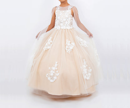 Champagne Illusion Tulle Dress with 3D Flowers and Sheer See-Through Sleeves Flower Girl Dress | Sadie dress | 2 Colors available front view