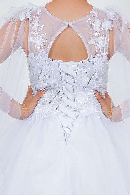 White lace wedding dress with sheer sleeves and floral details.