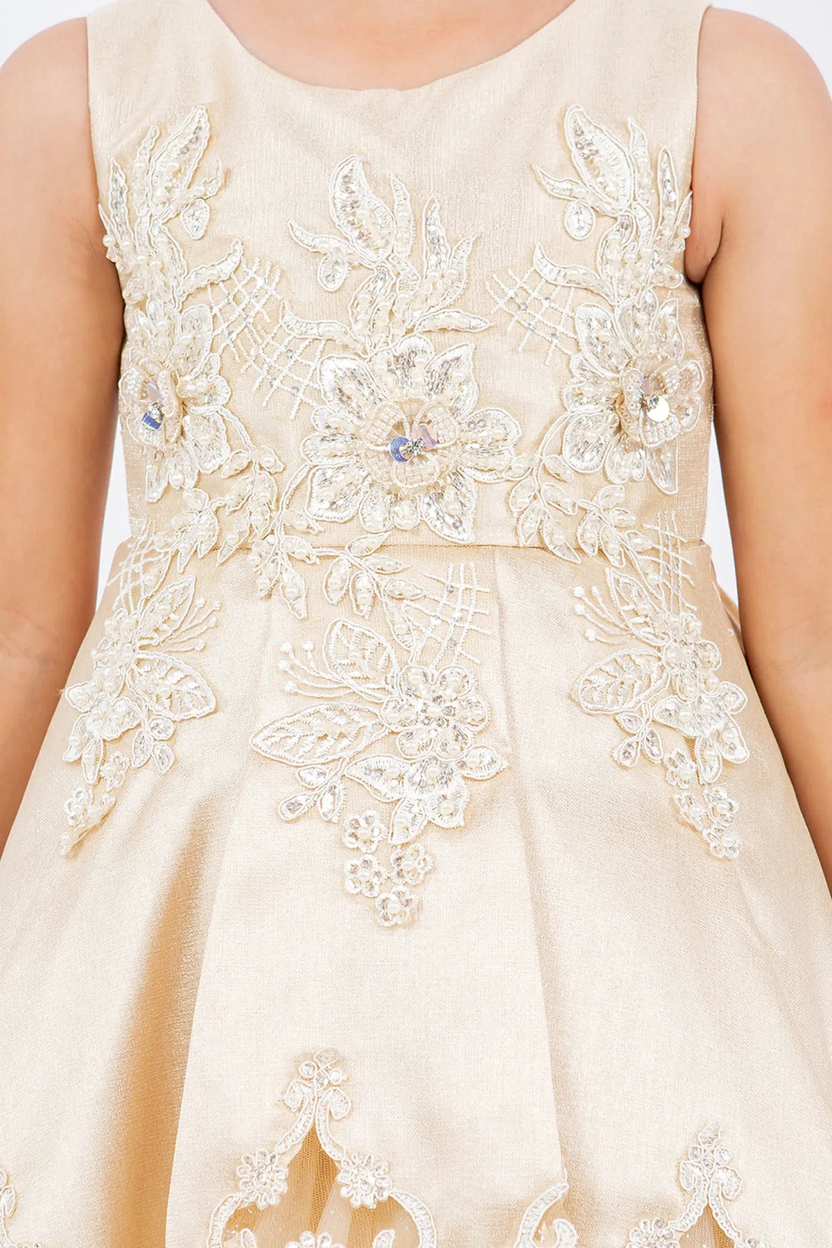 Visible on this Champagne flower girl dress: beaded floral embroidery across the bodice.