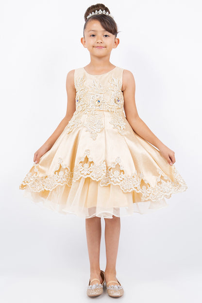 Featuring flared satin skirt with ornate lace edges on the Champagne flower girl dress.