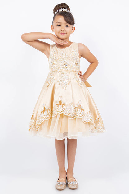 Details of the Champagne flower girl dress include floral embroidery at the waist and hem.