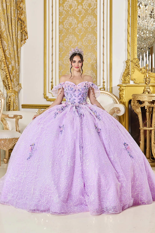 Front view of lilac quinceañera ball gown with off-the-shoulder neckline, embroidered corset bodice, delicate floral appliqués, and full patterned tulle skirt with subtle shimmer.