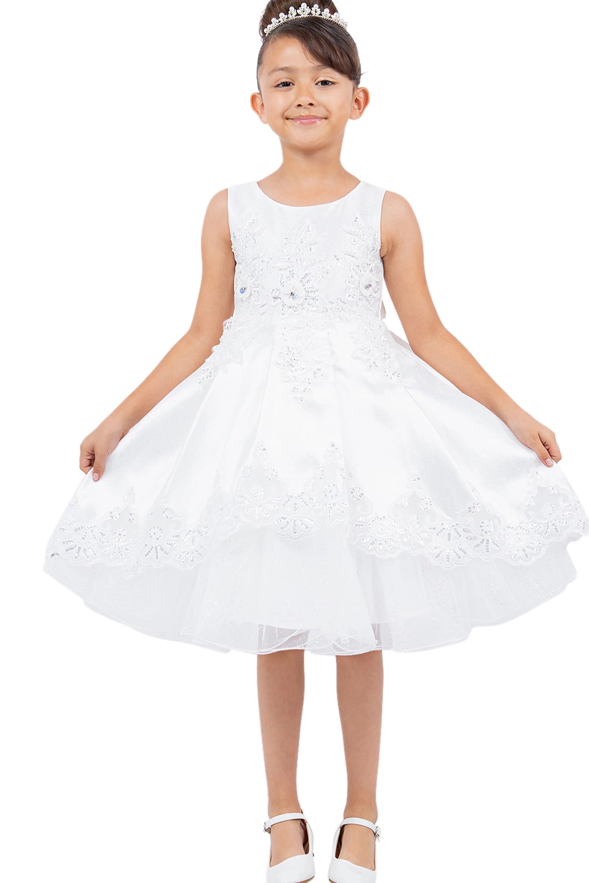 Featuring rounded neckline above the flared skirt on the Off-White flower girl dress.