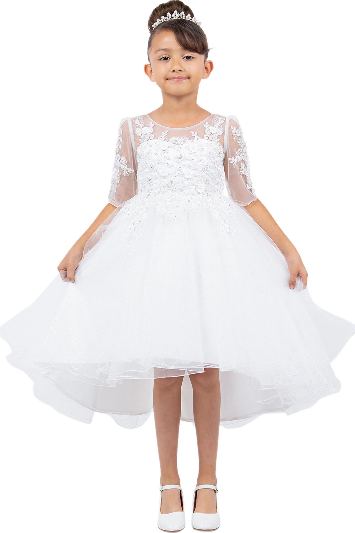 Off-White flower girl dress features lace sleeves and layered high-low tulle skirt.
