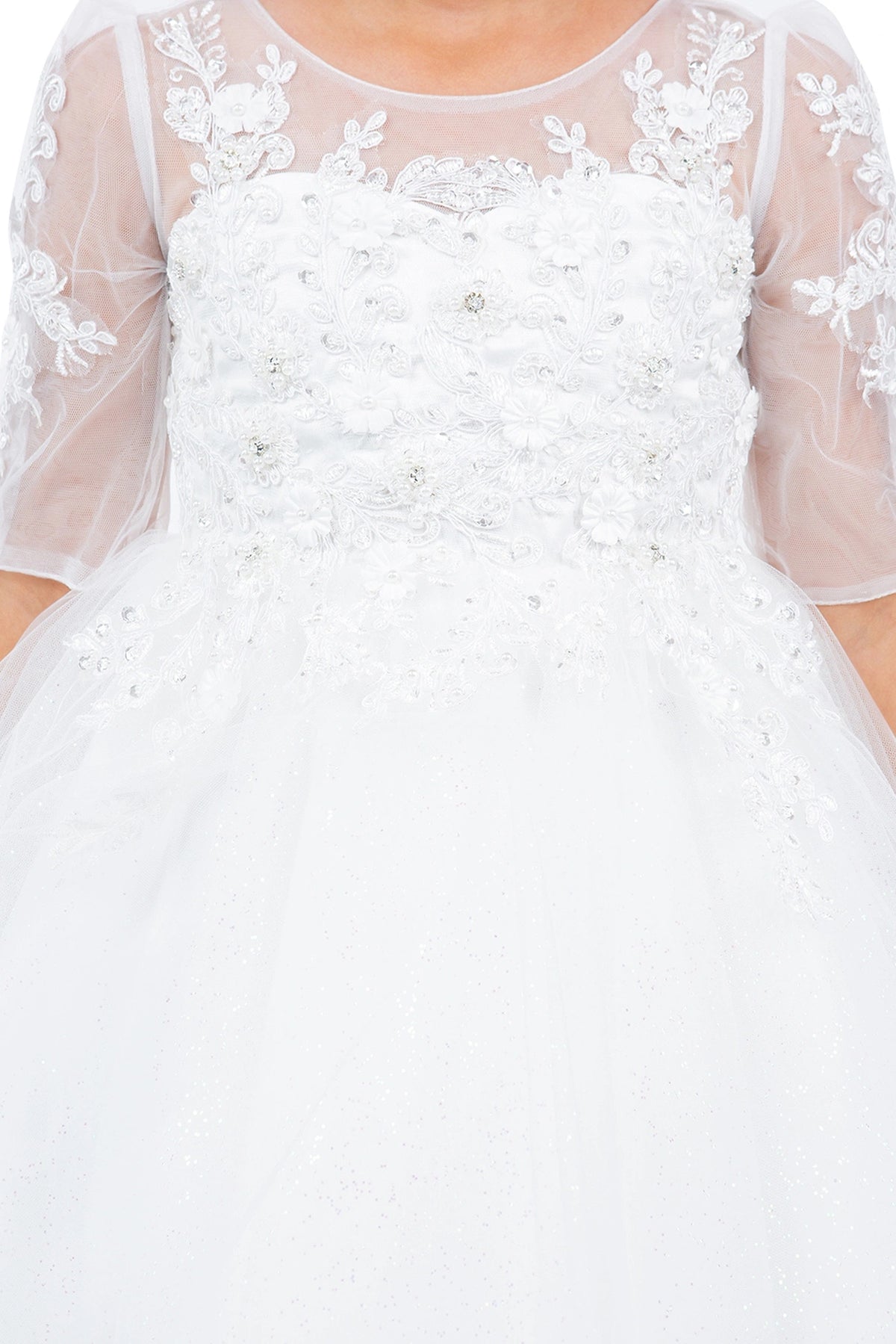 Visible on this Off-White flower girl dress: sheer neckline and embroidered lace bodice.