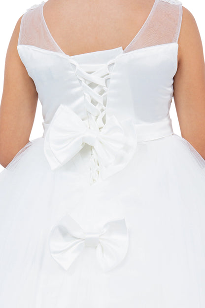 Details of the Off-White flower girl dress include satin bows below the lace-up back.
