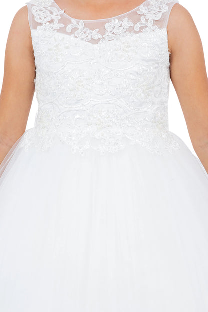 Visible on this Off-White flower girl dress: sheer neckline with floral lace bodice.