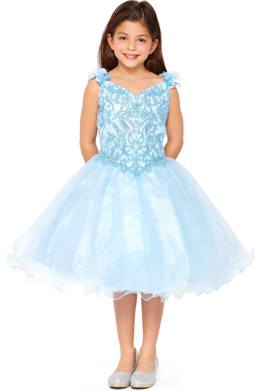 Showcasing with dimensional flowers along the straps, this Blue kids party dress displays elegant detail.