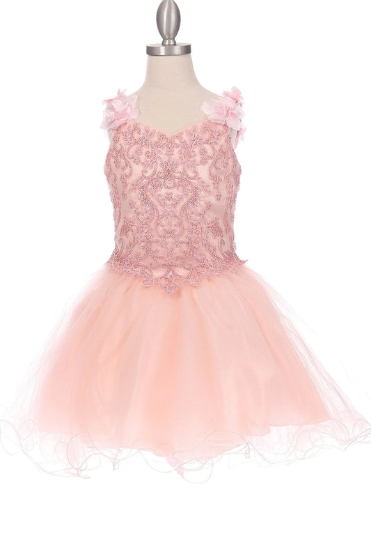 Showcasing with dimensional flowers along the straps, this Blush kids party dress displays elegant detail.
