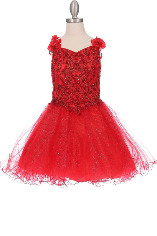 Showcasing with dimensional flowers along the straps, this Red kids party dress displays elegant detail.