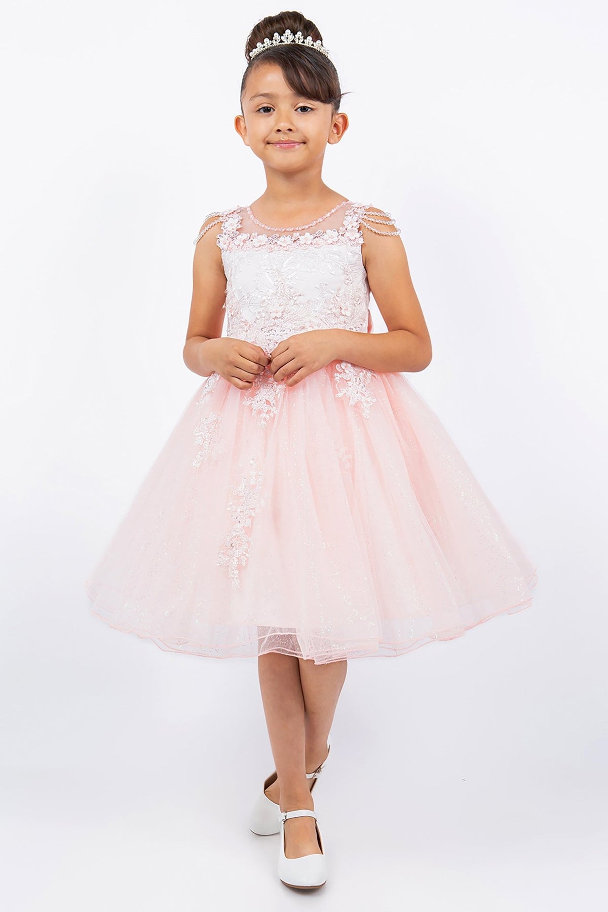 Front view of Blush Illusion Lace Top with Shoulder Beads and Crystalize Tulle flower girl dress.
