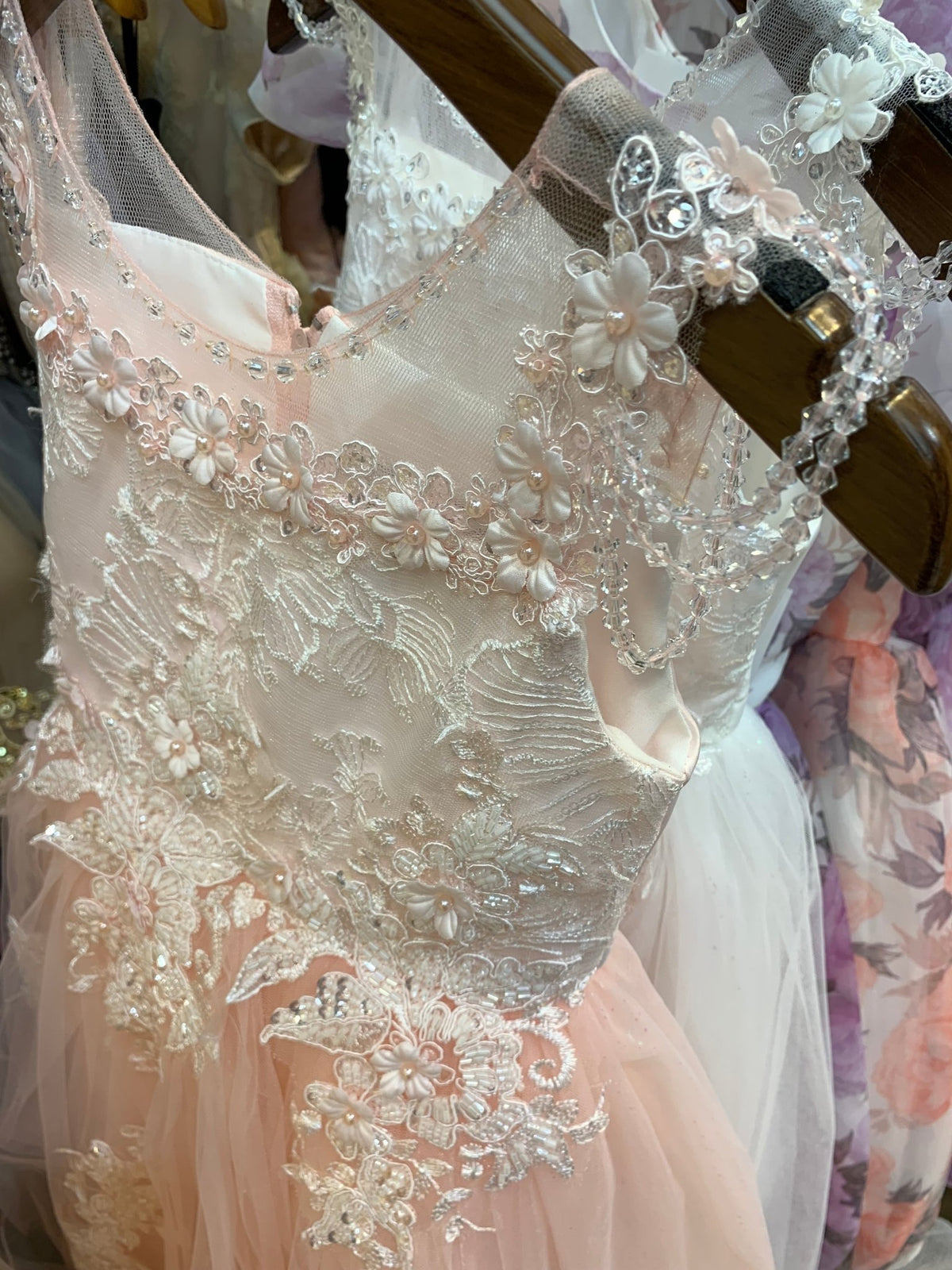 Front view of Blush Illusion Lace Top with Shoulder Beads and Crystalize Tulle flower girl dress.