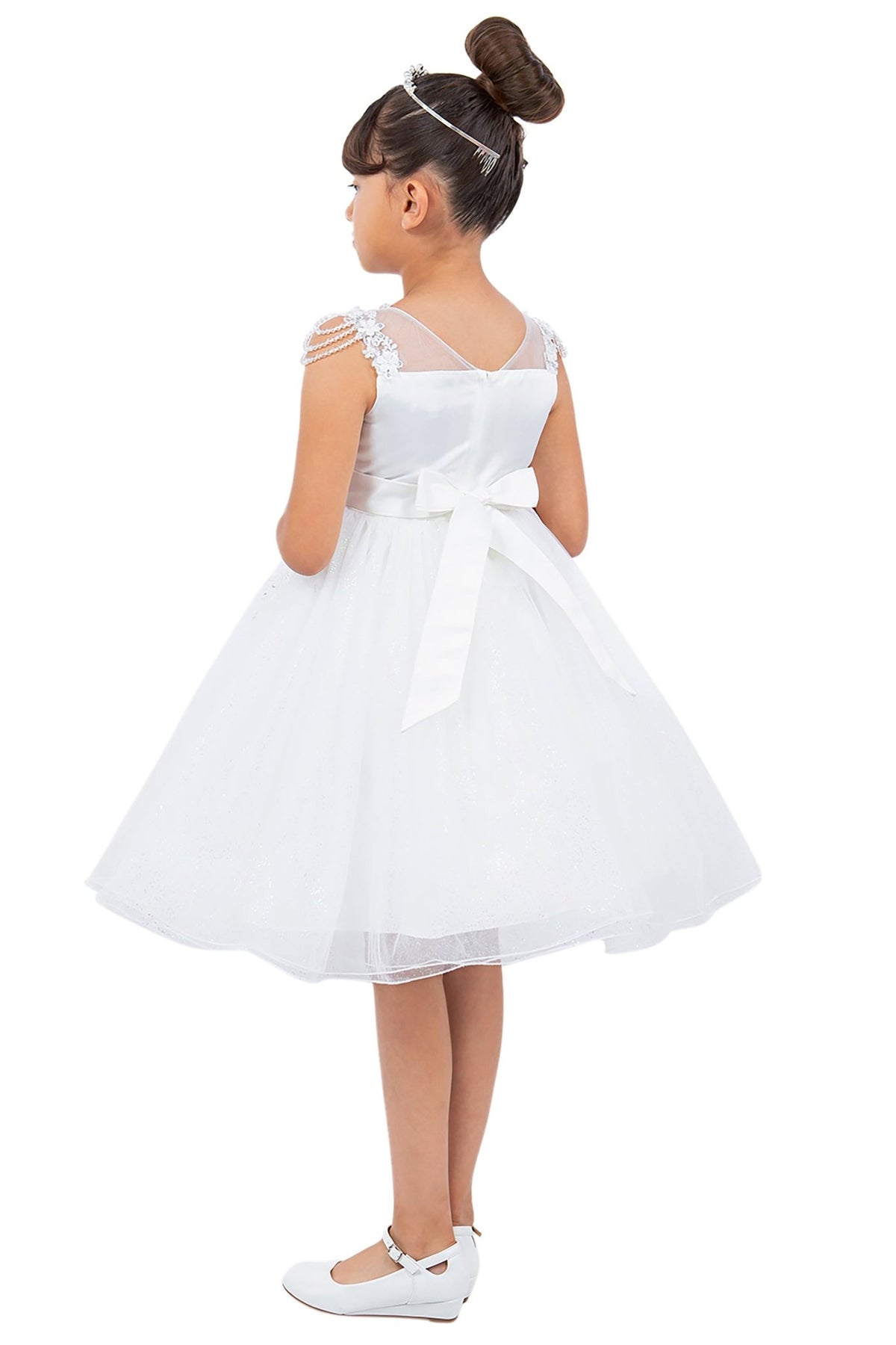 Off-White Illusion Lace Top with Shoulder Beads and Crystalize Tulle flower girl Dress - back view of dress.