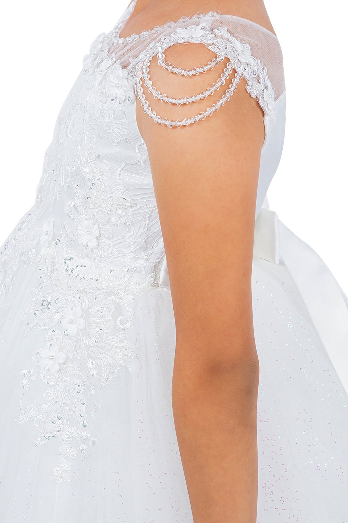 Off-White Illusion Lace Top with Shoulder Beads and Crystalize Tulle flower girl Dress - zoomed in view of sleeve decorations.