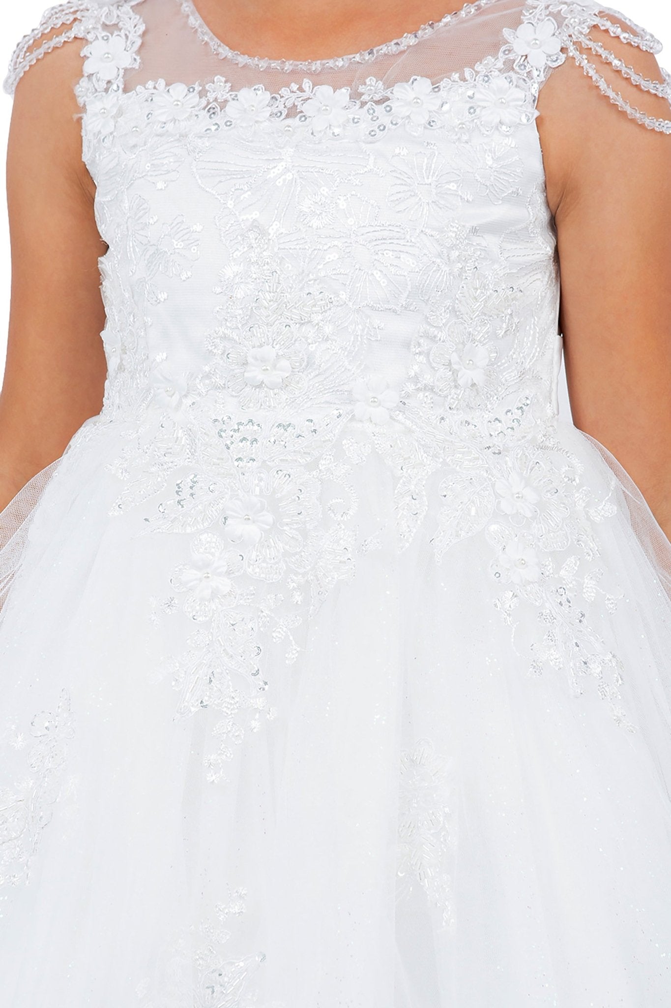 Off-White Illusion Lace Top with Shoulder Beads and Crystalize Tulle flower girl Dress - zoomed in view of dress.