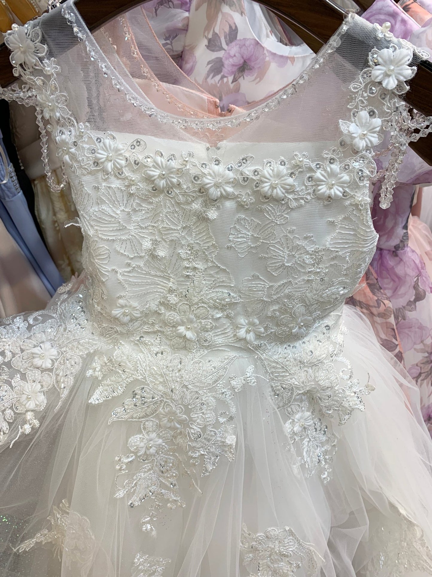 Front view of Off-White Illusion Lace Top with Shoulder Beads and Crystalize Tulle flower girl dress.