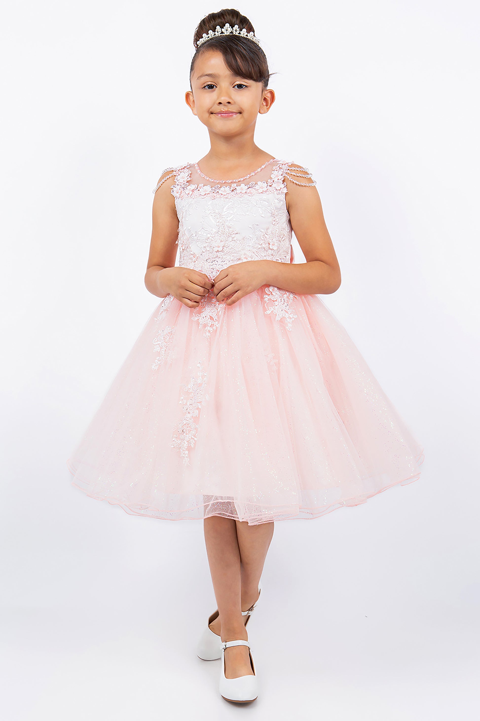 Blush Illusion Lace Top with Shoulder Beads and Crystalize Tulle Flower Girl Dress - front view of girl wearing dress with clasped hands at front