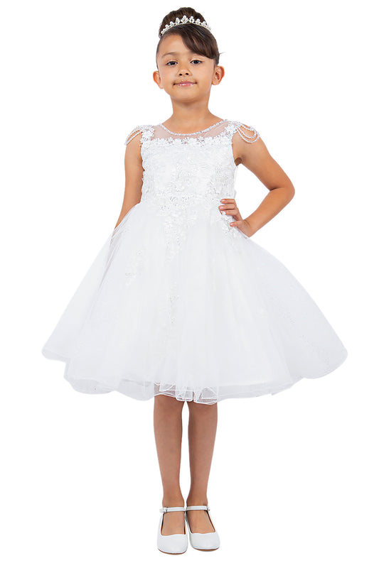 Off-White Illusion Lace Top with Shoulder Beads and Crystalize Tulle Flower Girl Dress - girl wearing dress with hand on hip