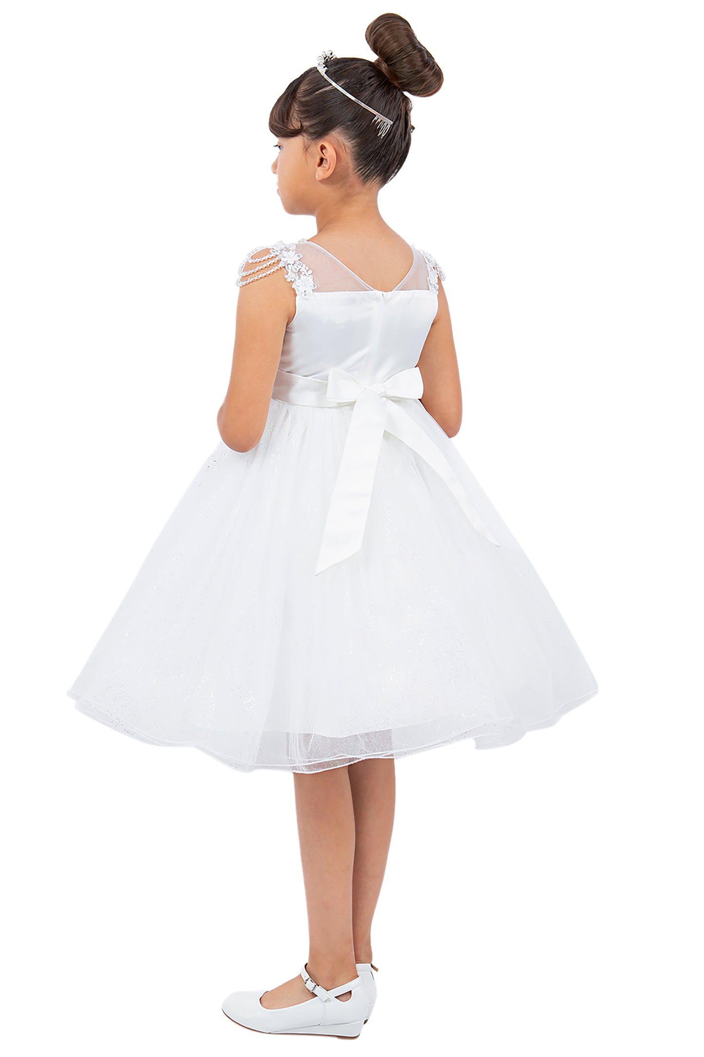 Off-White Illusion Lace Top with Shoulder Beads and Crystalize Tulle Flower Girl Dress - back view of girl wearing dress