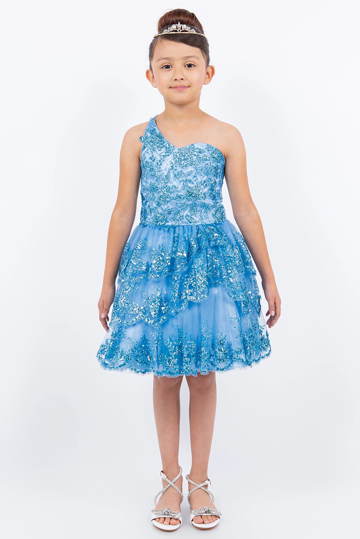 Showcasing with a tiered ruffled skirt, this Blue kids party dress displays elegant detail.