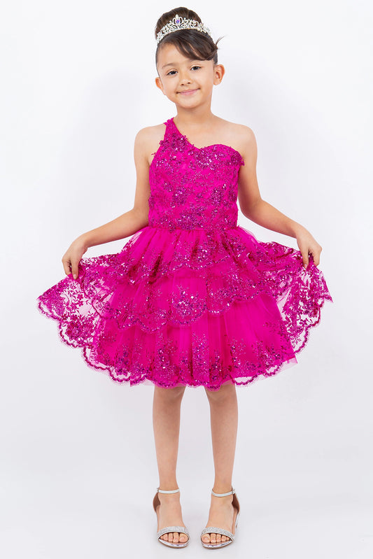 Showcasing with a tiered ruffled skirt, this Fuchsia kids party dress displays elegant detail.