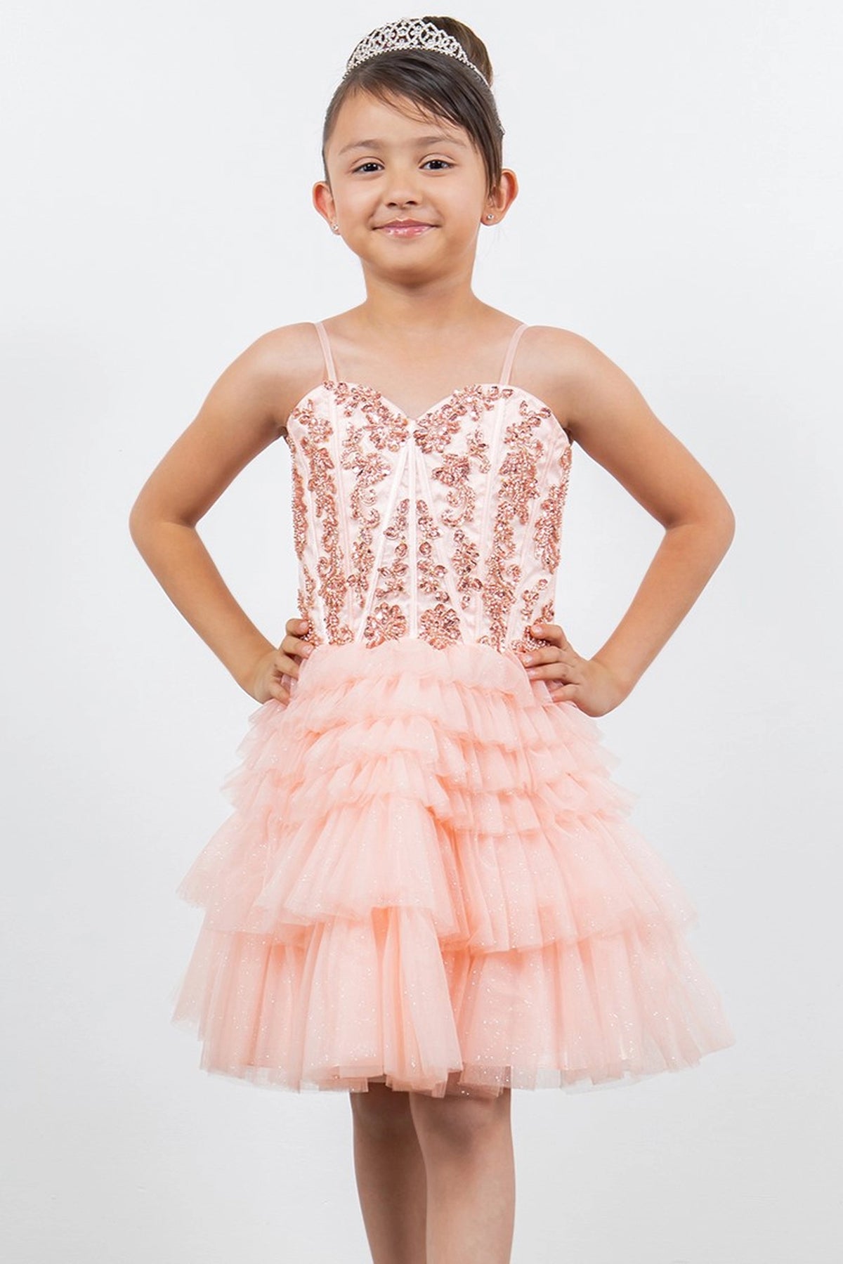Showcasing with tiered tulle ruffles, this Blush kids party dress displays elegant detail.
