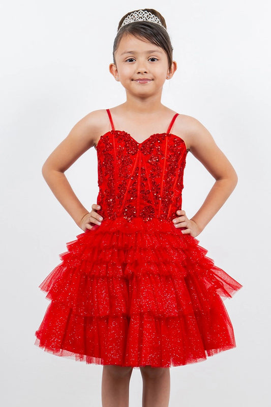 Showcasing with tiered tulle ruffles, this Red kids party dress displays elegant detail.