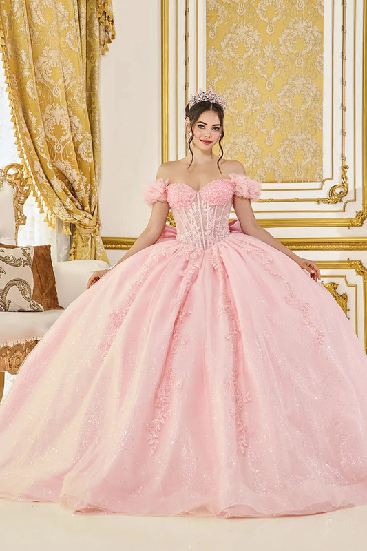 Woman standing front-facing in elegant white ball gown with off-shoulder bodice, glitter tulle skirt, and voluminous layered silhouette
