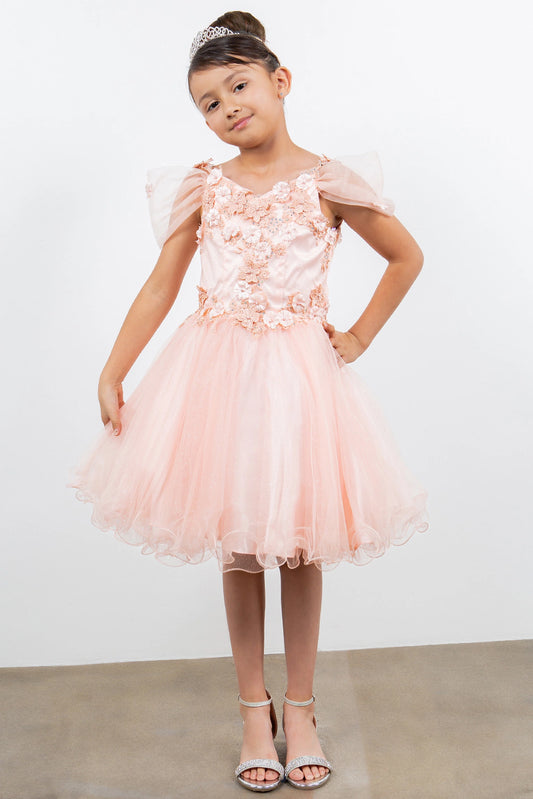 Showcasing with dimensional flowers at the shoulders, this Blush kids party dress displays elegant detail.