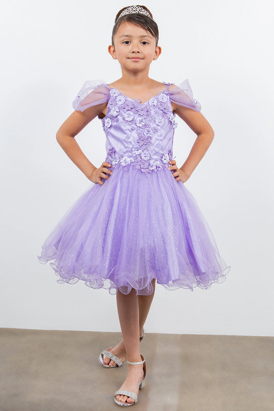 Accented dimensional flowers at the shoulders adds character to this Lavendar kids party dress.