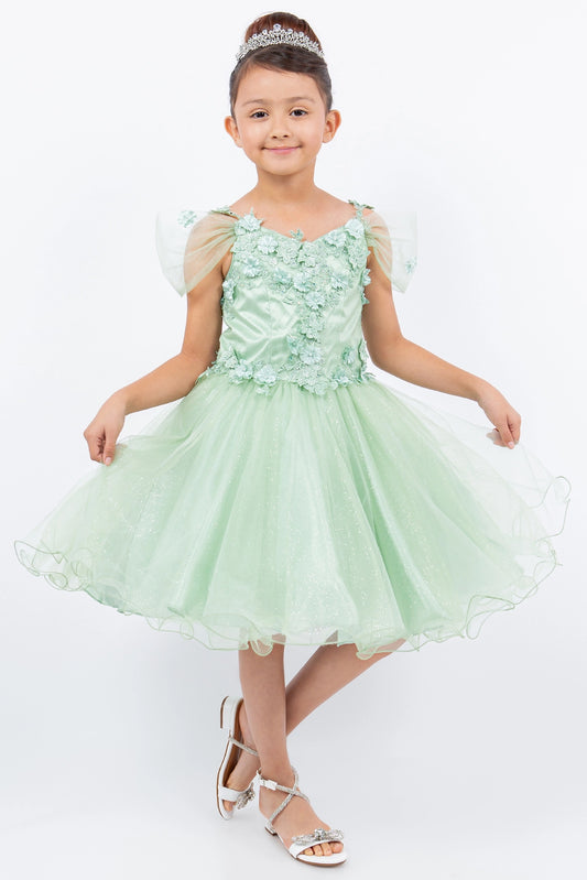 Showcasing with dimensional flowers at the shoulders, this Sage kids party dress displays elegant detail.