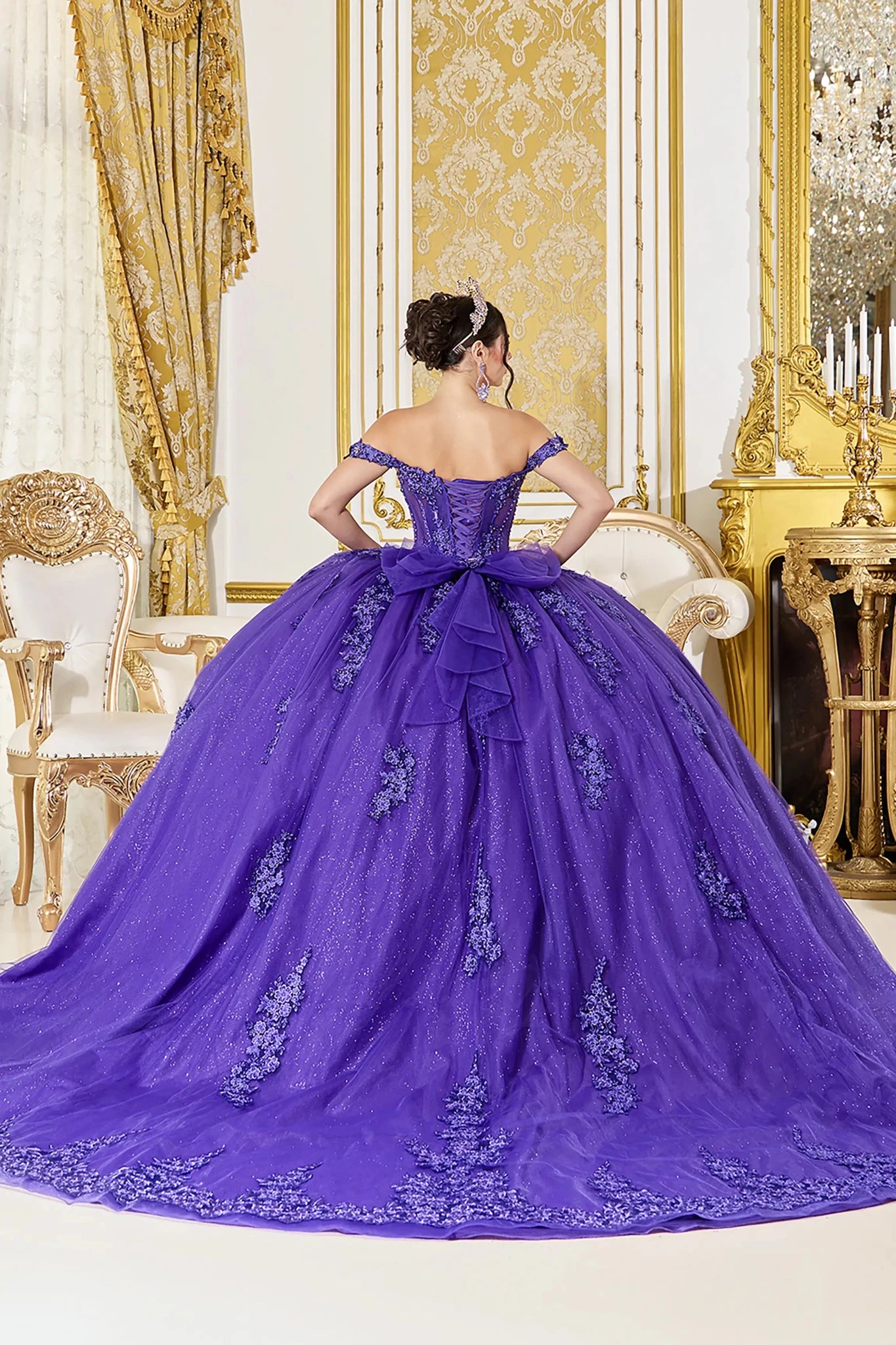 Back Full-length view of Enchanting Purple Off-Shoulder Corset Quinceañera Ball Gown
