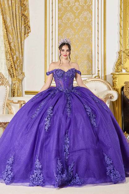 Woman in Purple off-shoulder quinceañera ball gown with lace corset and glitter tulle skirt.