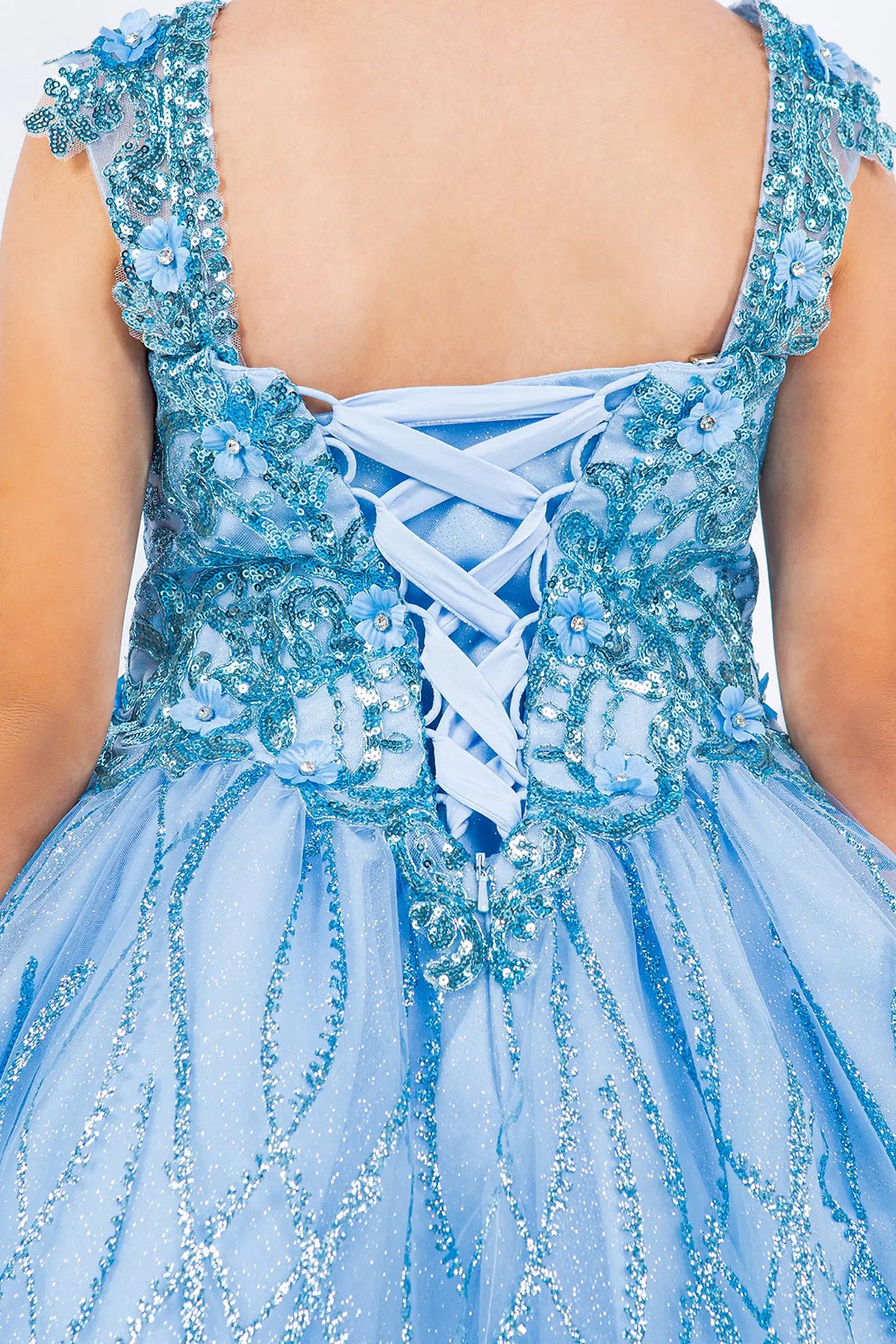 Detailed by crisscross back lacing, the Blue kids party dress reveals its construction.