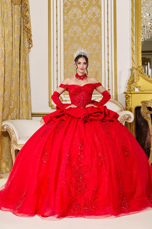 Red sweet 15 ball gown with beaded corset bodice and voluminous layered tulle skirt