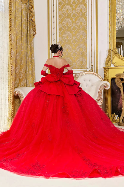 Red quinceanera ball gown with lace-up corset bodice and cascading layered tulle skirt and long train