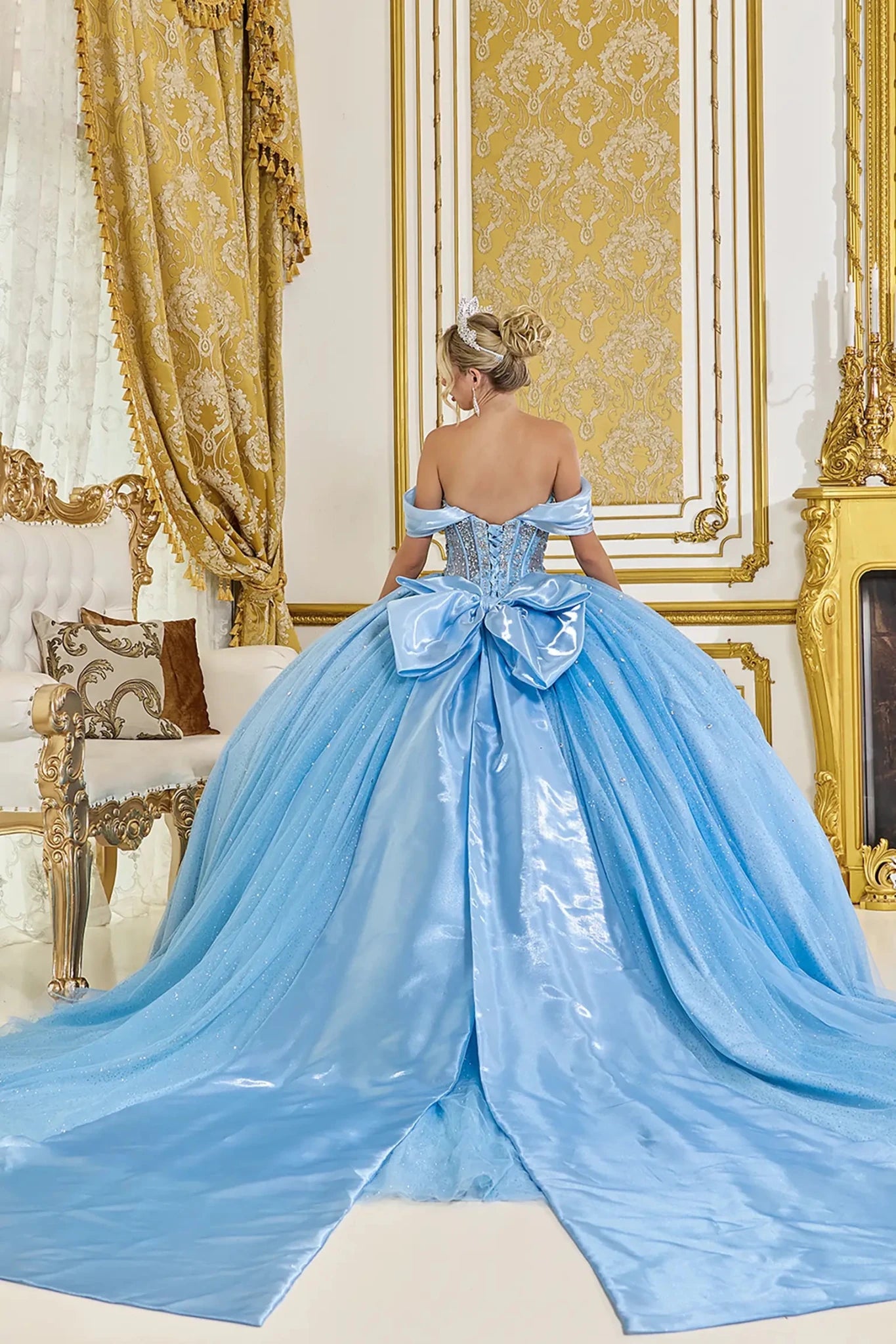 Bahama Blue Quinceañera Dress with Long Smooth Satin Back Bows, Tulle Ruffles & Floral Appliques Skirt