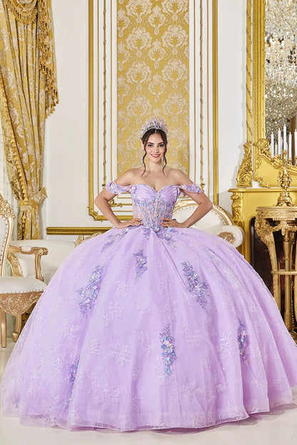 Front view of lilac quinceañera ball gown with off-the-shoulder sweetheart corset bodice, iridescent applique details, and full glitter tulle skirt in an ornate interior